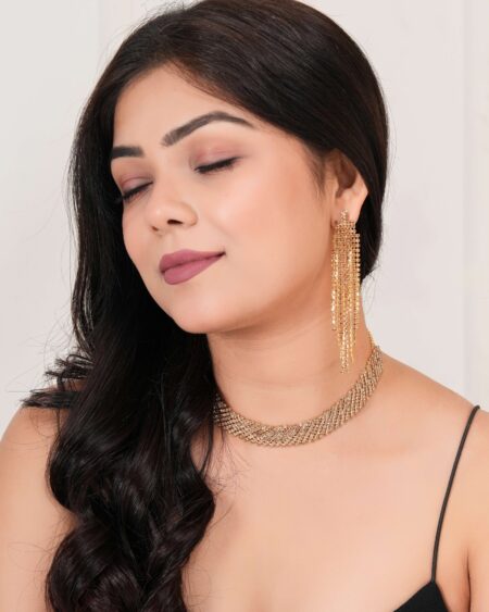 Women'S Indo Western Drop Dangles Earring With Necklace For Women Fashion Jewellery For Women Artificial Earrings And Necklace For Women (Golden) | Krishty Kala Studios