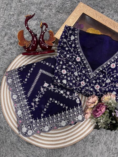 Royal Blue Embroidered Blouse Piece With Intricate Mirror, Sequin & Floral Threadwork – Ready To Stitch Fabric For Saree – Handcrafted Elegances & Festive Ethnic Wear | Krishty Kala Studios