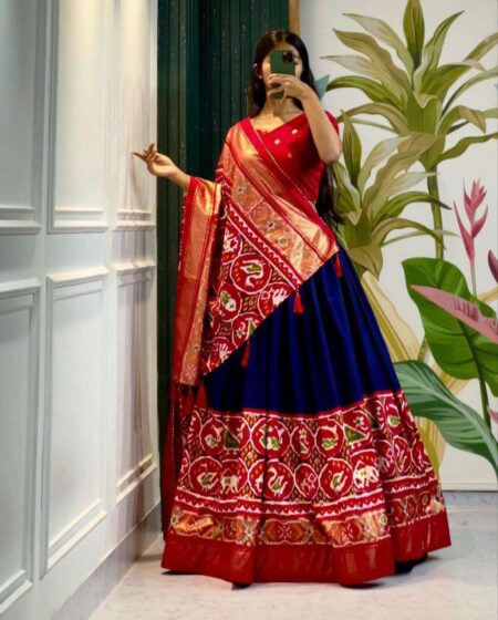 Women'S Stitched Tussar Silk Patola Print Lehenga Choli Dupatta Set | Krishty Kala Studios