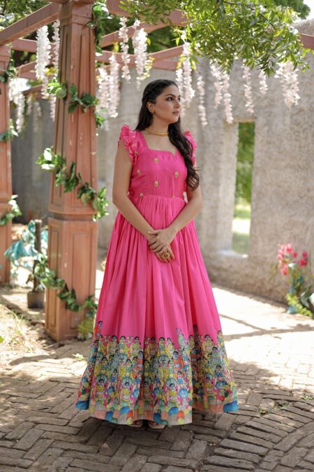Pink Designer Dola Silk Printed Gown ? Sleeveless Fancy Square Neck Ready To Wear Dress | Krishty Kala Studios