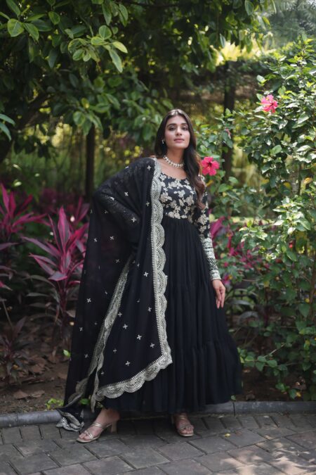 Black Faux Blooming Designer Gown With Sequined Dupatta ? Fully Flared Ready To Wear Set | Krishty Kala Studios