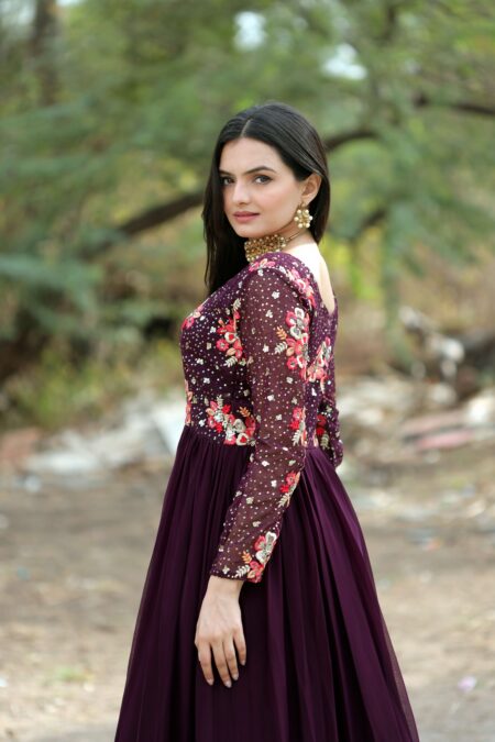 Wine Faux Blooming Designer Gown With Multi Thread Embroidery & Sequins ? Premium Ready To Wear Dress | Krishty Kala Studios