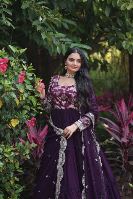 Wine Faux Blooming Designer Gown With Sequined Dupatta ? Elegant Fully Flared Ready To Wear Set | Krishty Kala Studios