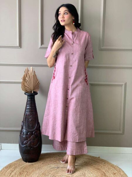 Women'S Cotton Embroiderd Long A Line Kurti With Palazzo | Krishty Kala Studios