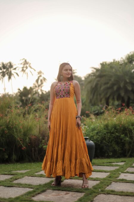Yellow Navratri Reyon Gown With Kutchi Gamthi Work ? Fully Flared Designer Dress | Krishty Kala Studios