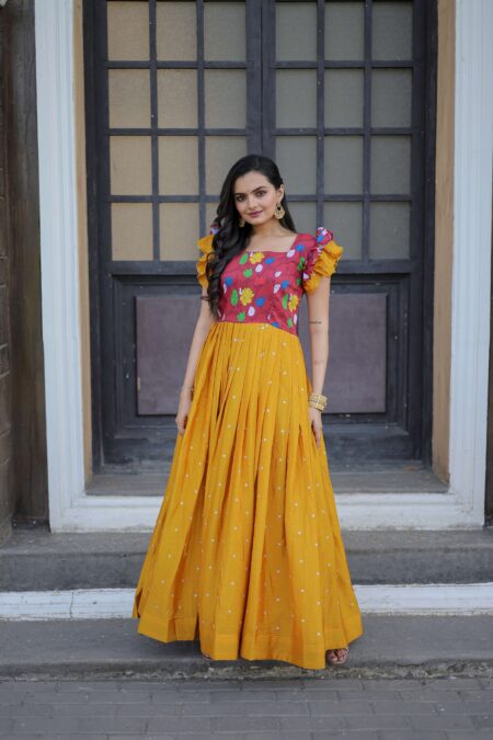 Yellow Maslin & Chinon Designer Gown With Embroidery ? Elegant Ready To Wear Women?S Dress | Krishty Kala Studios