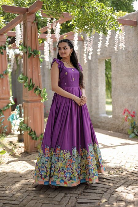 Wine Designer Dola Silk Printed Gown ? Sleeveless Fancy Square Neck Ready To Wear Dress | Krishty Kala Studios