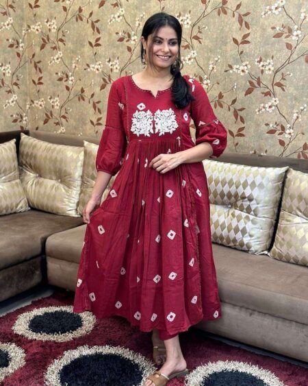 Women'S Cotton Printed Long Anarkali Kurti With Pant | Krishty Kala Studios