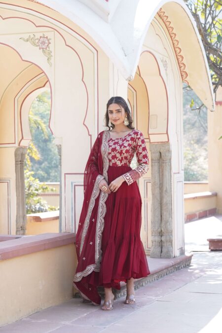 Maroon Faux Blooming Designer Gown With Sequined Dupatta ? Fully Flared Elegant Ready To Wear Set | Krishty Kala Studios