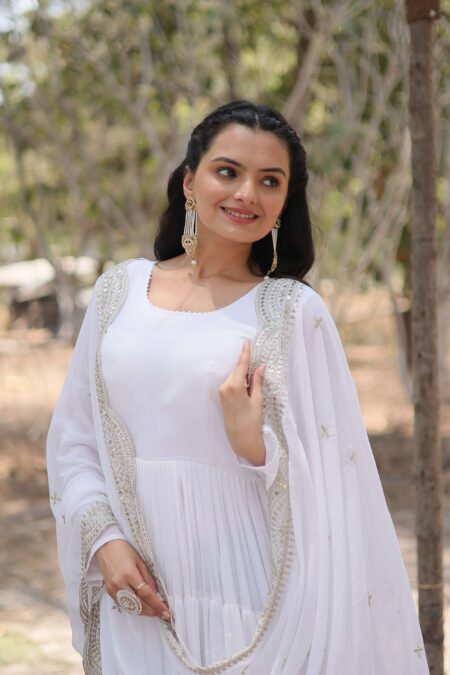 White Premium Faux Georgette Designer Gown With Sequined Dupatta ? Fully Flaired Ready To Wear Set | Krishty Kala Studios