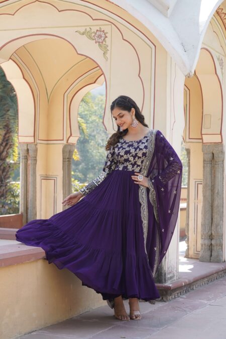 Purple Faux Blooming Designer Gown With Sequined Dupatta ? Elegant Fully Flared Ready To Wear Set | Krishty Kala Studios