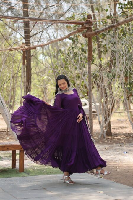 Purple Premium Faux Georgette Designer Gown With Sequined Dupatta ? Fully Flaired Ready To Wear Set | Krishty Kala Studios