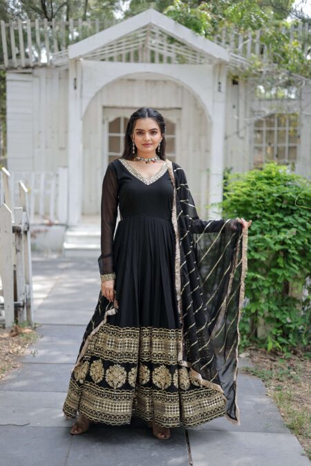 Black Faux Blooming Designer Gown With Sequined Dupatta & Lace Border ? Premium Ready To Wear Set | Krishty Kala Studios