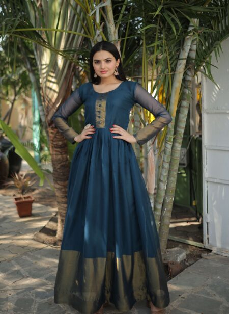 Rama Elegant Chiffon Designer Gown With Golden Zari Patta ? Premium Ready To Wear Dress | Krishty Kala Studios