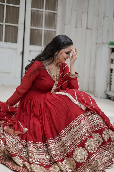 Maroon Faux Blooming Designer Gown With Sequined Dupatta & Lace Border ? Premium Ready To Wear Set | Krishty Kala Studios