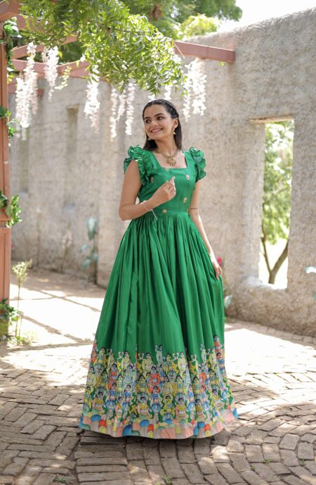 Green Designer Dola Silk Printed Gown ? Sleeveless Fancy Square Neck Ready To Wear Dress | Krishty Kala Studios