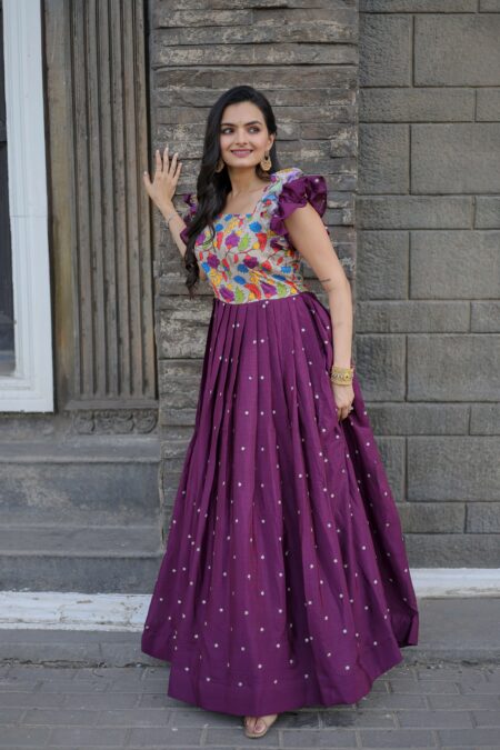 Wine Maslin & Chinon Designer Gown With Embroidery ? Elegant Ready To Wear Women?S Dress | Krishty Kala Studios