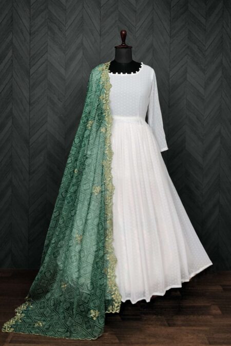 Elegant White And Green Georgette Gown With Soft Organza Dupatta ? Premium Designer Ready To Wear Set | Krishty Kala Studios