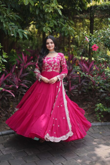 Pink Faux Blooming Designer Gown With Sequined Dupatta ? Elegant Fully Flared Ready To Wear Set | Krishty Kala Studios