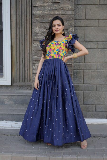 Blue Maslin & Chinon Designer Gown With Embroidery ? Elegant Ready To Wear Women?S Dress | Krishty Kala Studios