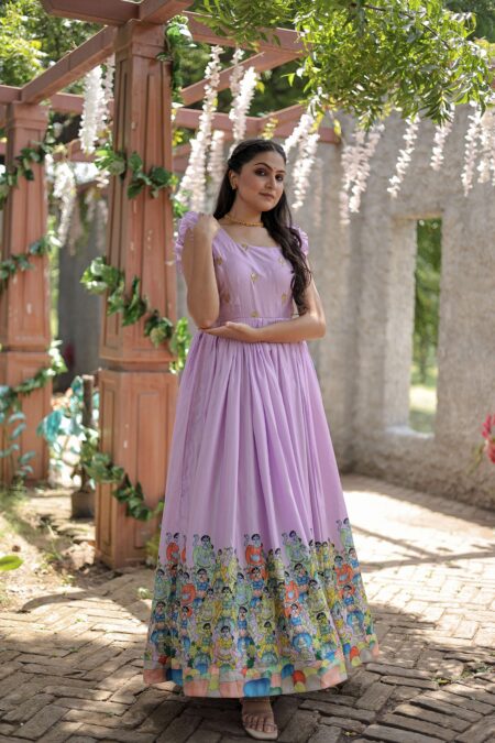 Purple Designer Dola Silk Printed Gown ? Sleeveless Fancy Square Neck Ready To Wear Dress | Krishty Kala Studios